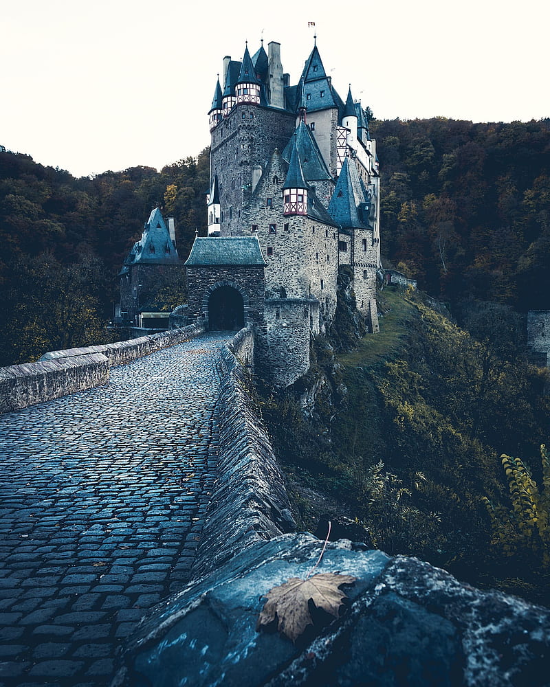 architecture, tower, castle, portrait display, cobblestone, leaves, trees, forest, Eltz Castle, Germany, HD phone wallpaper