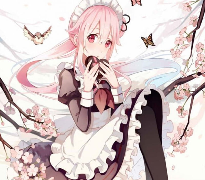 Soft Maid, pretty, bonito, woman, cherry blossom, sweet, anime, flowers, beauty, anime girl, long hair, pink, female, lovely, black, soft, butterflies, spring, trees, cute, girl, bird, uniform, maid, lady, pink hair, white, HD wallpaper