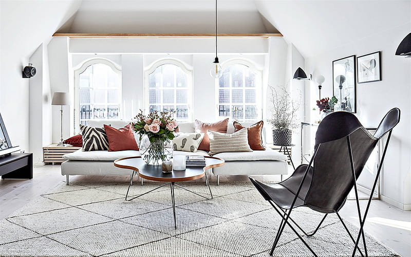 stylish white living room, modern interior design, living room, creative leather armchair, living room interior design, white walls, HD wallpaper