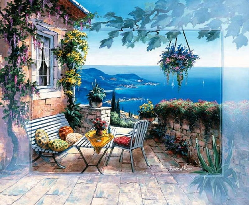 Mediterranean View, table, Mediteran, painting, nature, villa, terrace, sea, HD wallpaper