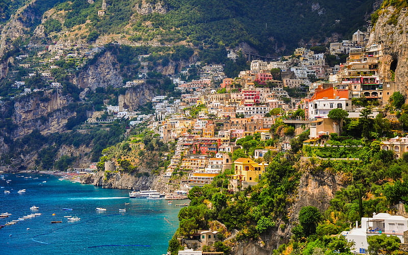 Positano, Amalfi Coast, summer, Mediterranean, rocks, tourism, Campania, Gulf of Salerno, Italy, HD wallpaper