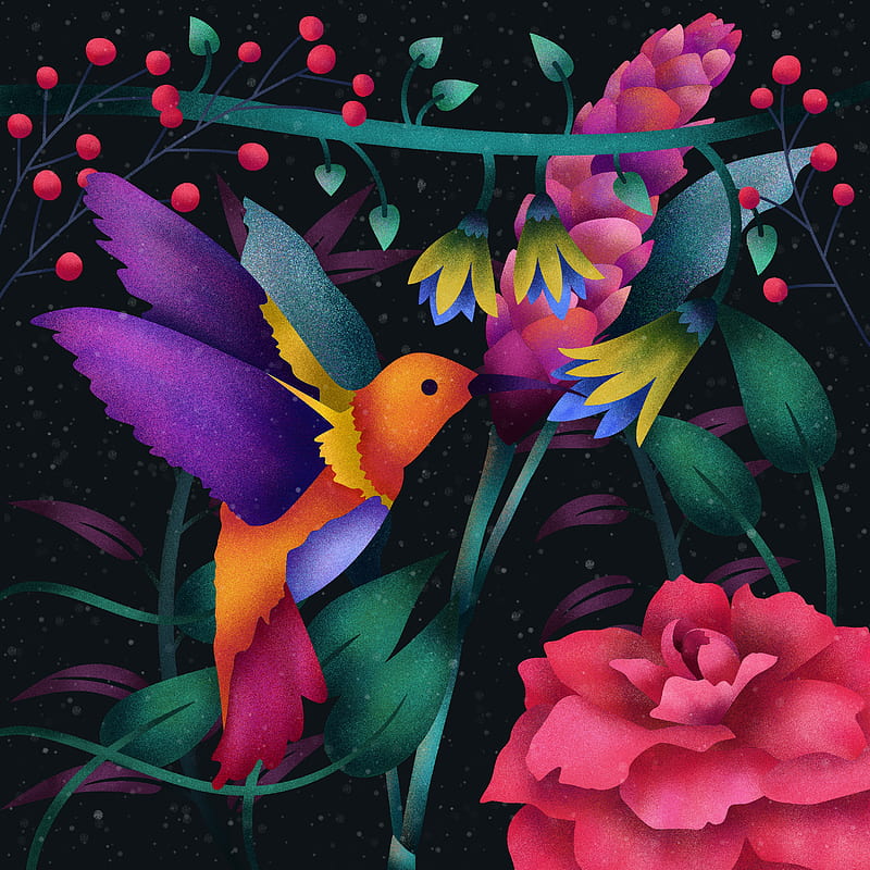 abstract hummingbird, digital art, flowers, Abstract, HD phone wallpaper