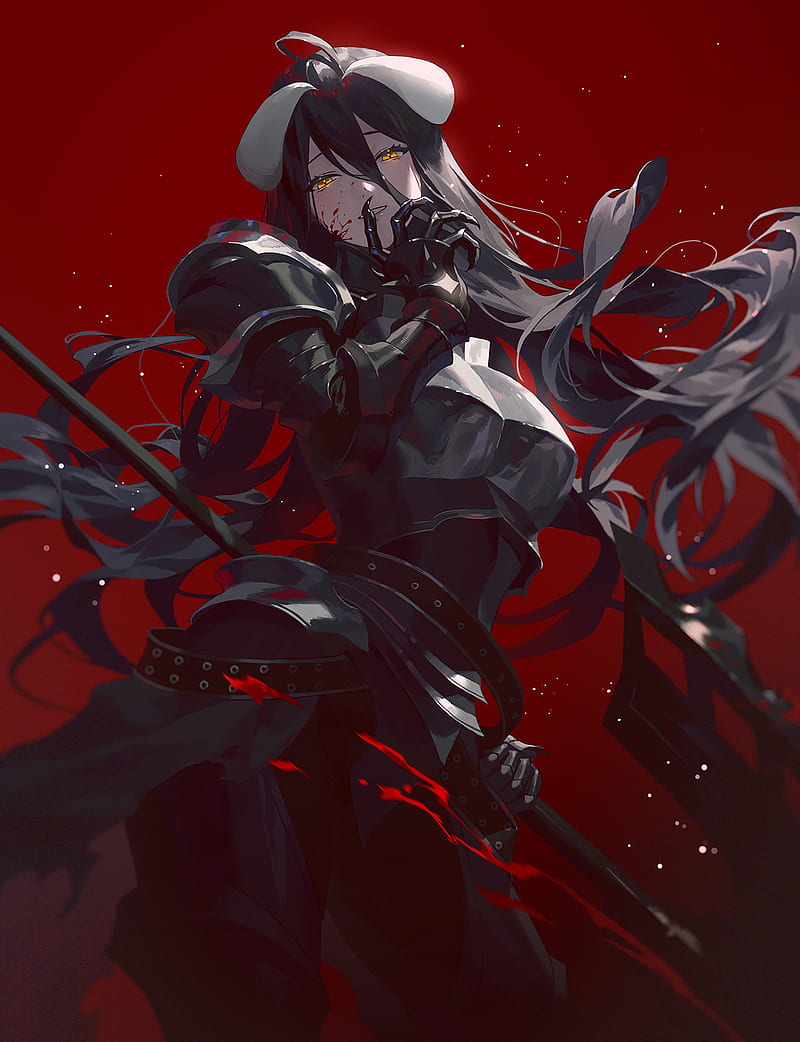 Albedo, Red, Background, warrior, Fictional character, Black, Woman, Girl, overlord, anime, arte, HD phone wallpaper