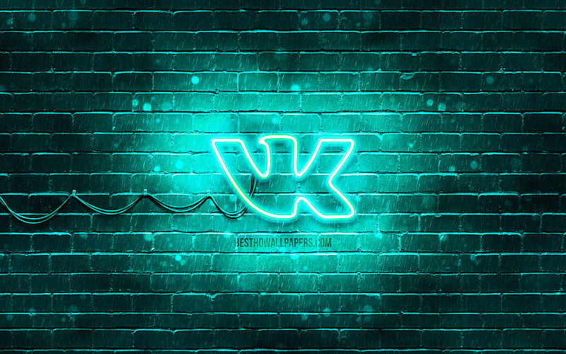 Vkontakte turquoise logo turquoise brickwall, Vkontakte logo, social networks, VK logo, Vkontakte neon logo, Vkontakte, HD wallpaper