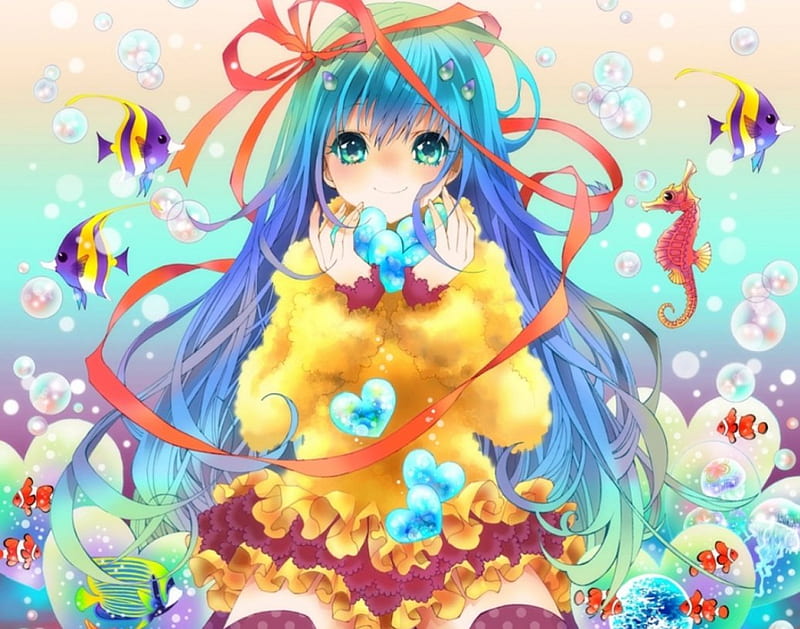 Blue, kawaii, bubble, anime, anime girl, HD wallpaper