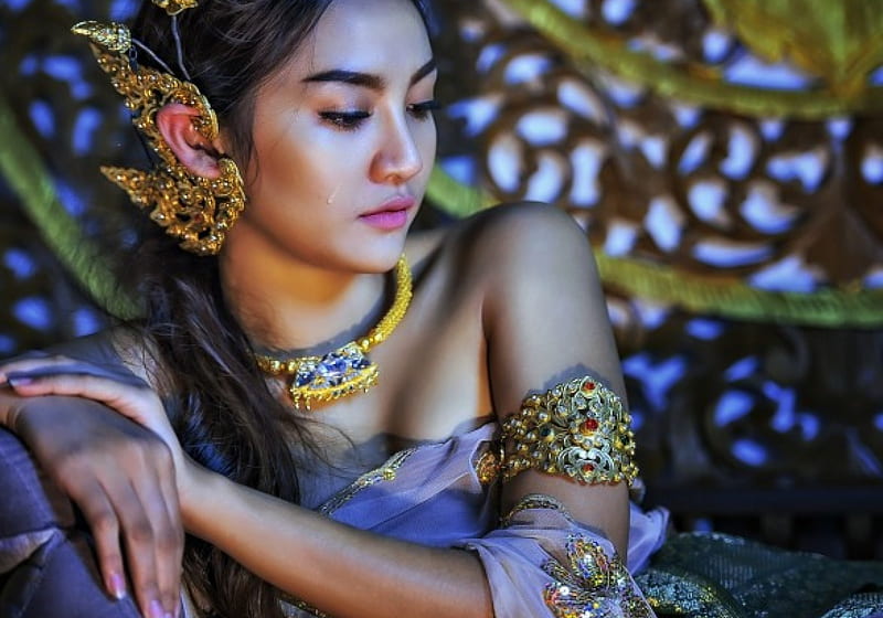 Sad Thai, model, woman, girl, green, tear, thai, oriental, flower, sat, blue, HD wallpaper