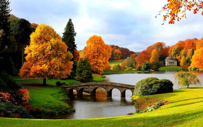 Beautiful scenery, nature, river, trees, bridge, HD wallpaper