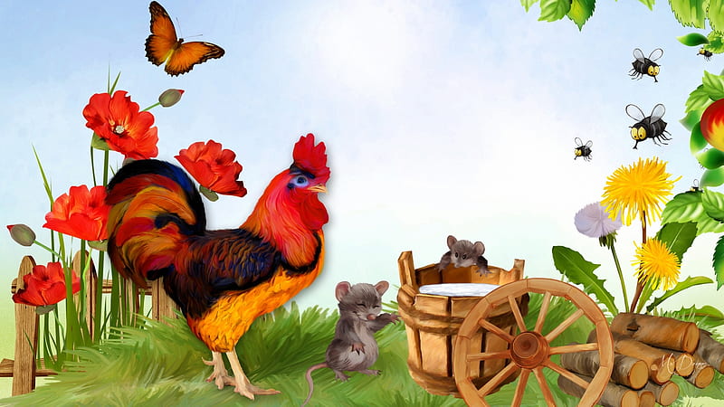 Bright Rooster, rooster, ranch, mice, cart, butterflies, sky, range, farm, flowers, garden, Firefox Persona theme, HD wallpaper