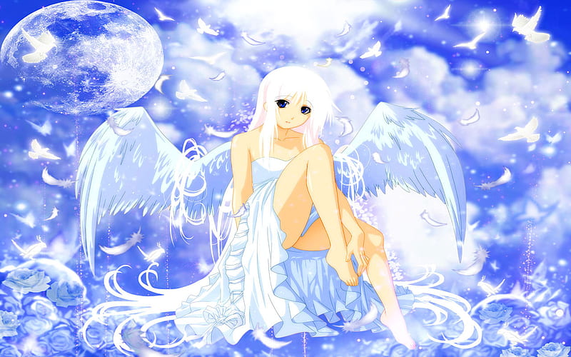 White Angel Heaven, cloud, sunray, rose, angel, birds, sky, wing, hair  white, HD wallpaper | Peakpx