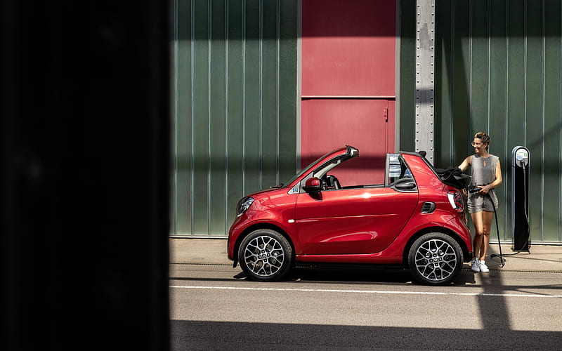 Smart EQ fortwo cabrio, 2019, side view, electric car, new red Smart EQ fortwo, red convertible, Smart, HD wallpaper