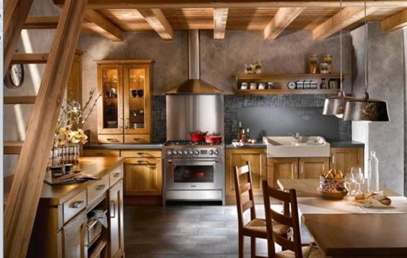 French Farmhouse Kitchen, farm, rustic, house, french, desenho, kitchen, HD wallpaper
