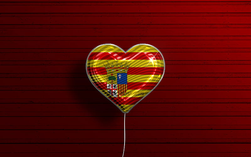 I Love Aragon, , realistic balloons, red wooden background, Day of Aragon, Communities of Spain, flag of Aragon, Spain, balloon with flag, spanish communities, Aragon flag, Aragon, HD wallpaper