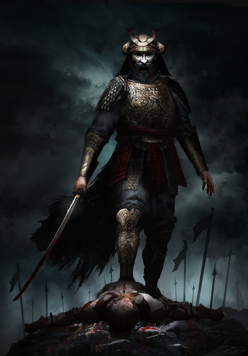 Samurai, armor, black, dark, dead, katana, man, mask, sword, guerra, HD phone wallpaper