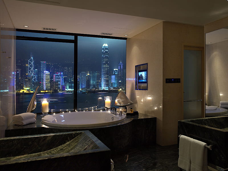 Romance, bonito, modern, graphy, nice, city, bathroom, river, room, luxury, night, hotel, quiet, cozy, romantic, view, desenho, apartment, skyscrapers, decor, candles, pleasant, cool, jacuzzi, style, HD wallpaper