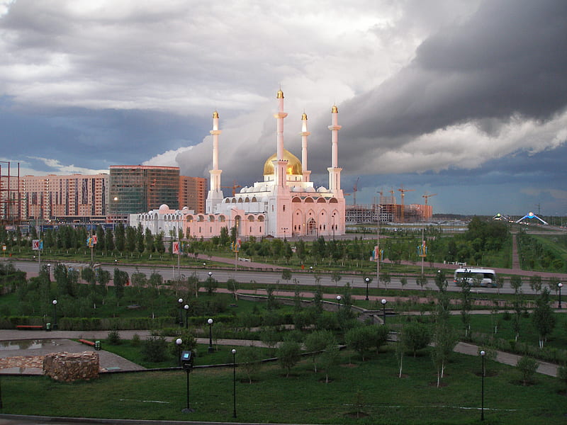 Clouds above Nur Astana Mosque, mosque, astana, kazakhstan, HD wallpaper