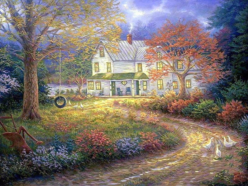 Mid Country Farmhouse, house, paintings, summer, flowers, farms, love four seasons, garden, attractions in dreams, HD wallpaper