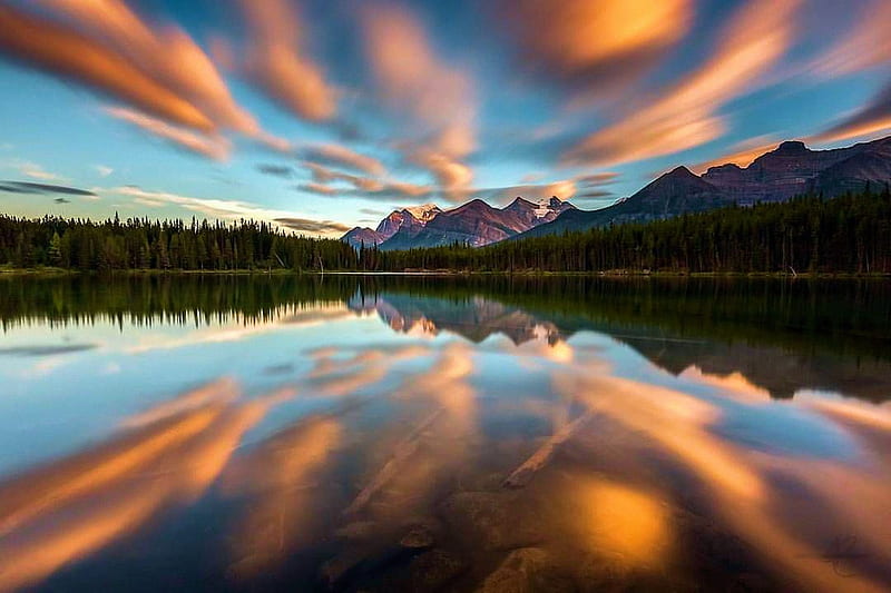 Herbert Lake, Banff National Park, canada, alberta, mountains, sunset, sky, reflections, clouds, HD wallpaper