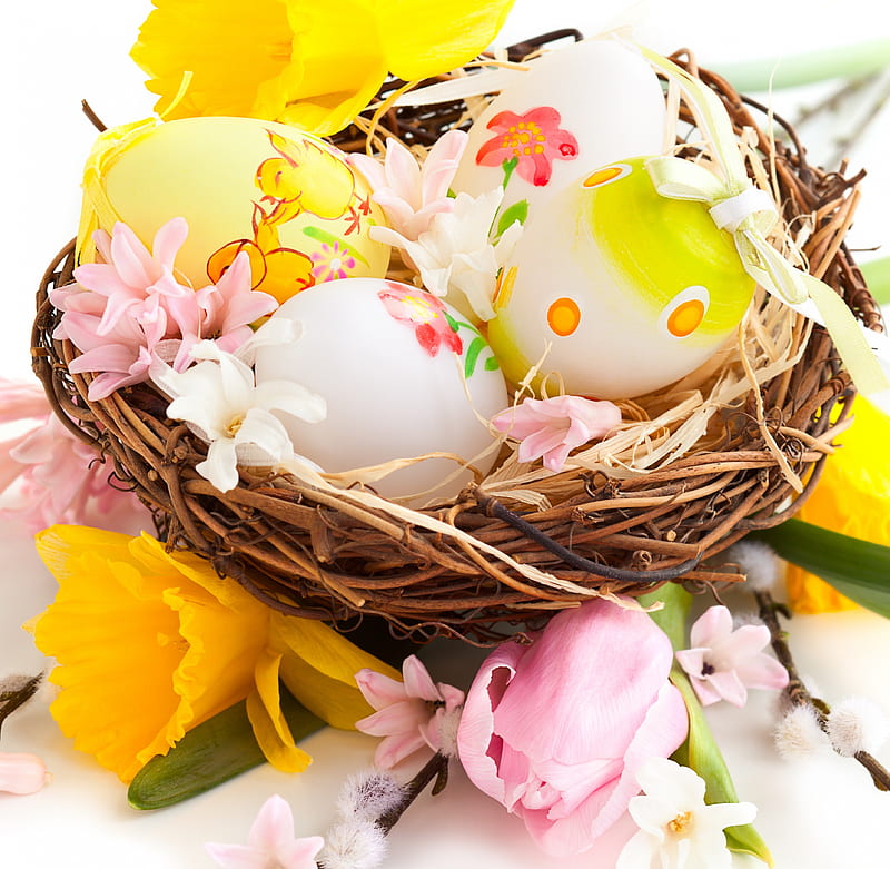 Beautiful arrangement, holidays, decoration, spring, Easter, special days, basket, eggs, blossoms, flowers, harmony, HD wallpaper
