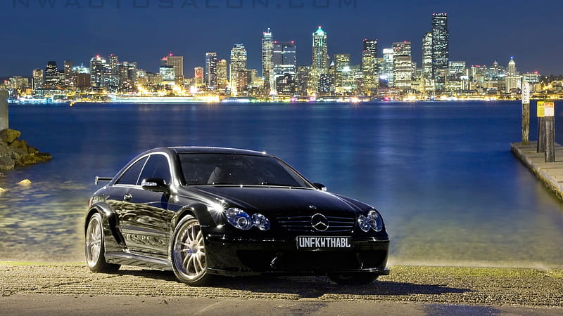 mercedes sport across the river from nyc, city, car, river, ramp, lights, night, HD wallpaper