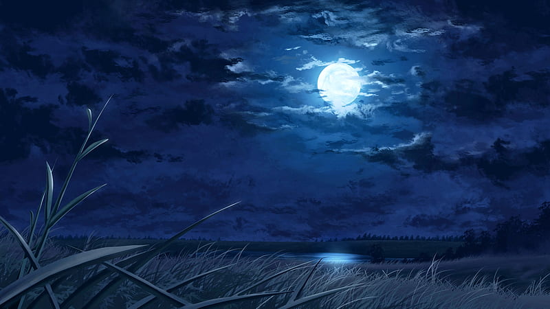 Moonlit Pond, pond, fantasy, moon, night, landscape, HD wallpaper