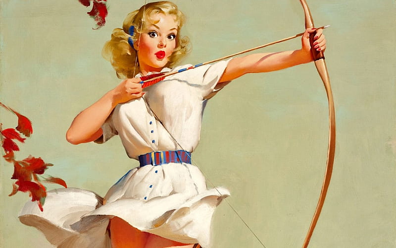 Pin-up girl, art, blonde, woman, pin-up, arrow, retro, girl, archer, white, vintage, HD wallpaper