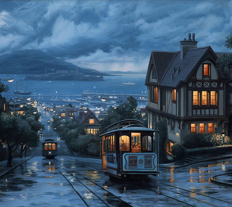 Streetcars, bonito, blue, house, rain, san francisco, sea, HD wallpaper