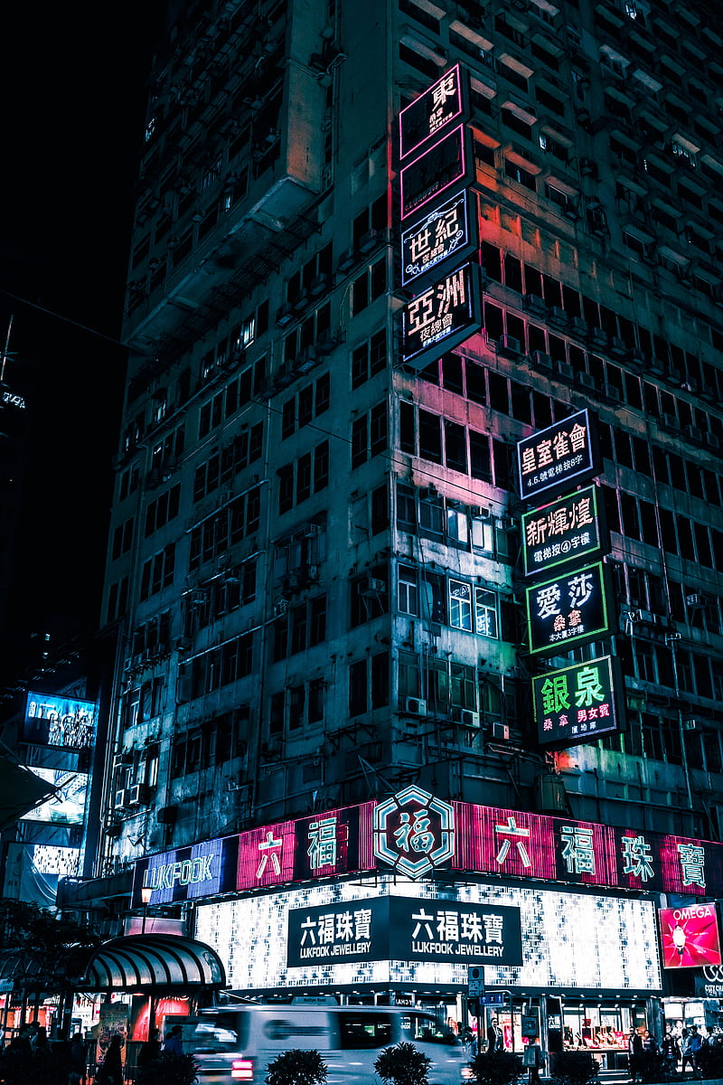high-rise building with lighted neon signage, HD phone wallpaper