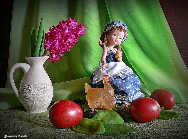 Still life, red, hyacinth, decoration, toy, doll, Easter, eggs, flower, HD wallpaper