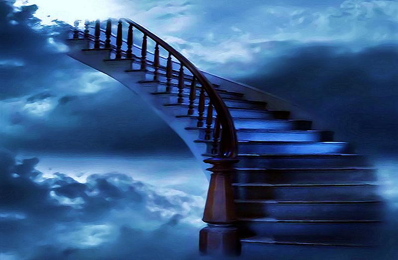 Follow your dreams, stairs, abstract, sky, clouds, hope, rail, stairway, dream, light, blue, steps, HD wallpaper
