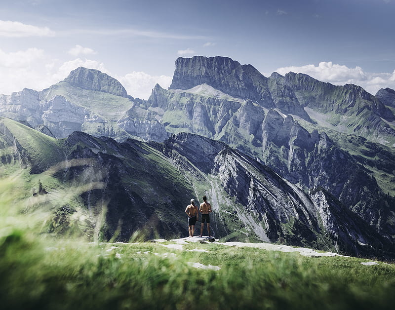 two men standing on rock during daytime, HD wallpaper