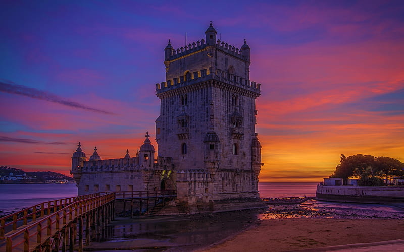 Belem Tower, Lisbon, Tower of Saint Vincent, sunset, ocean, evening, old tower, Portugal, HD wallpaper