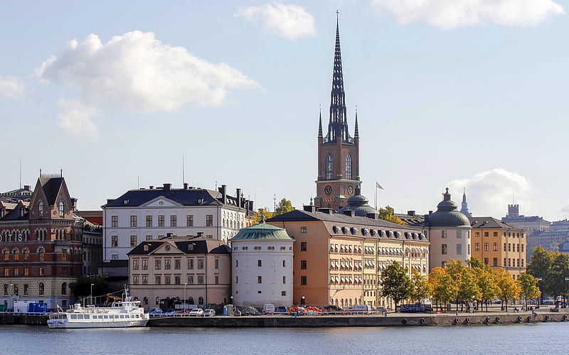 Stockholm, Sweden, Sweden, church, houses, Stockholm, ship, HD wallpaper