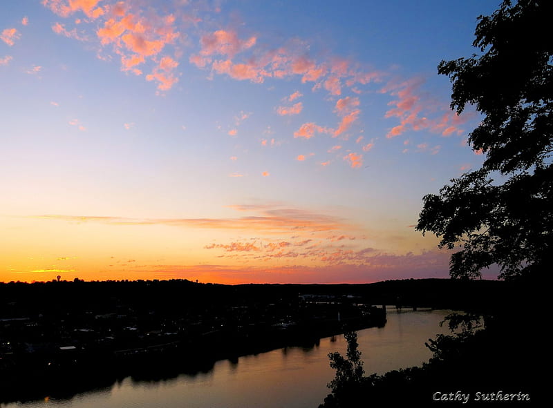 Sunset over the Ohio River, sun, water, nature, river, sunset, trees, clouds, HD wallpaper