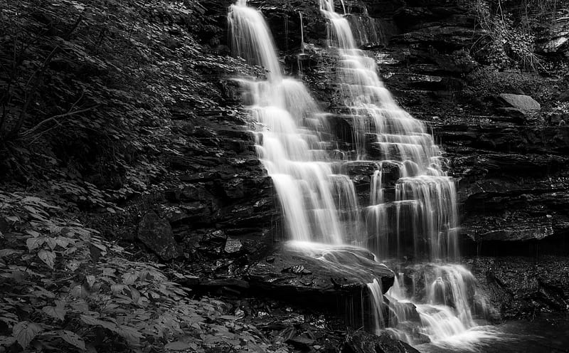 Mountain Waterfall Black and White Ultra, Black and White, Nature, White, Black, Pennsylvania, Waterfall, Falls, Ricketts Glenn Falls, HD wallpaper