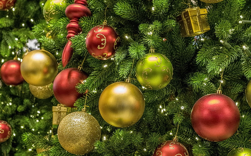 christmas decorations, xmas balls, xmas tree, Happy New Year, fir-tree, Merry Christmas, xmas, HD wallpaper