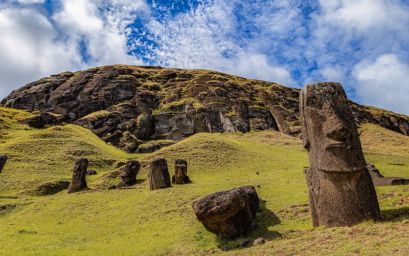 Easter Island, Rapa Nui, figures, sculptures, mountain landscape, Chile, Pacific Ocean, HD wallpaper