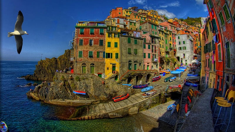 Riomaggiore at Sunset,Italy, water, bird, houses, sunny, nature, waves, sailboats, HD wallpaper