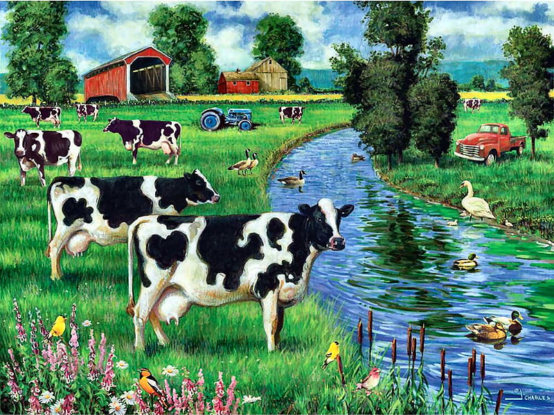 Summer Pasture - Cows FC, art, ducks, bonito, illustration, artwork, painting, wide screen, river, farm animals, cows, HD wallpaper