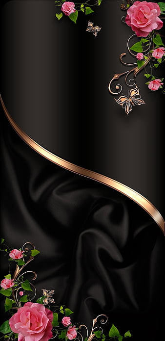 Classical Roses, black, butterfly, girly, gold, pink, pretty, rose, silk, HD phone wallpaper