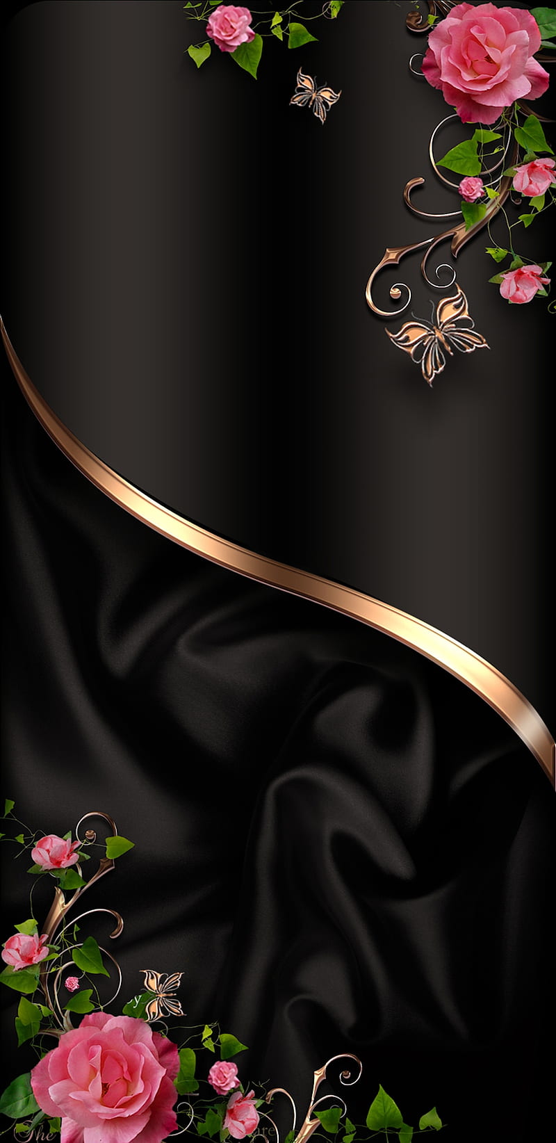 Classical Roses, black, butterfly, girly, gold, pink, pretty, rose ...