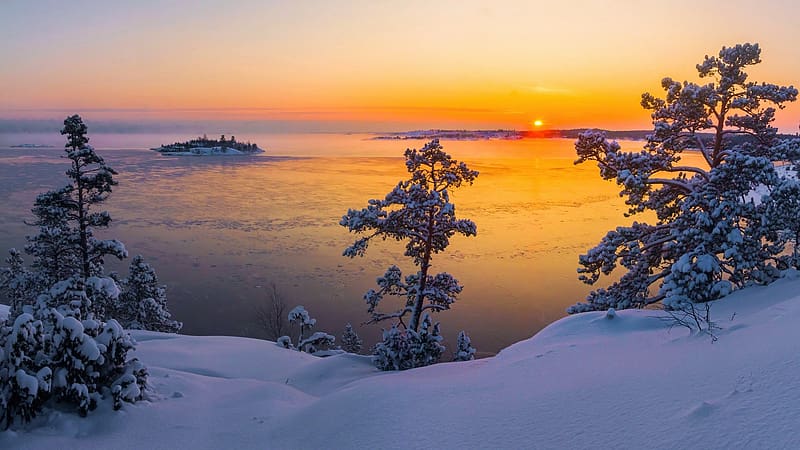 Lakeside Sunset in Winter, island, snow, landscape, trees, colors, sky, water, ice, HD wallpaper