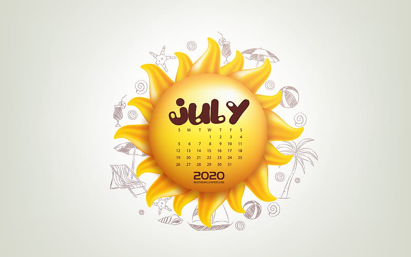 2020 July Calendar, 3d sun, summer, July, 2020 summer calendars, July 2020 Calendar, summer background, HD wallpaper