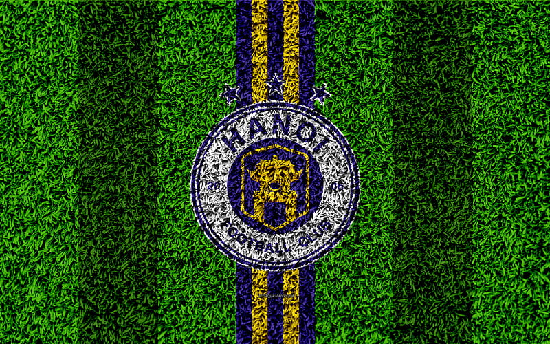Ha Noi FC logo, football lawn, Vietnamese football club, yellow purple lines, grass texture, emblem, V League 1, Hanoi, Vietnam, football, HD wallpaper