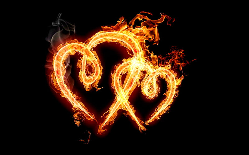 two hearts, fiery hearts, love concepts, black backgrounds, 3D art, corazones in fire, 3D hearts, artwork, corazones, HD wallpaper