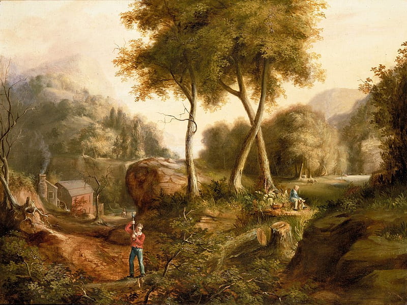 Idyllic Landscape by Thomas Cole, idyllic, romantic, people, painting, trees, landscape, HD wallpaper