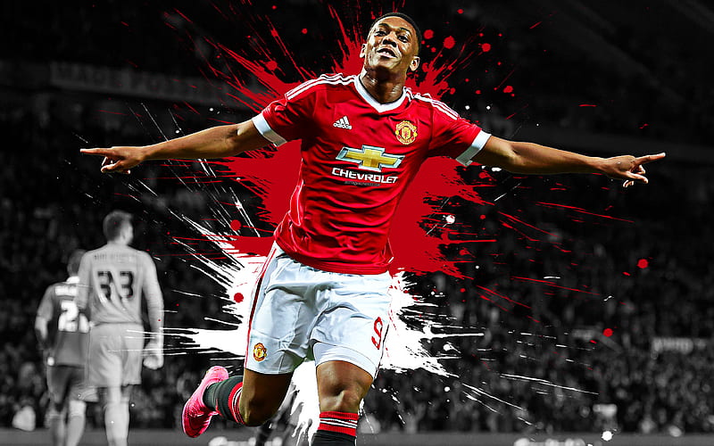 Anthony Martial art, Manchester United FC, french football player, striker, red splashes of paint, grunge art, Premier League, England, football, HD wallpaper
