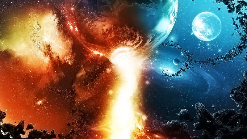 Asteroids & Fire Planets in Blue Red Space, fire, planets, nebula, space, asteroids, HD wallpaper
