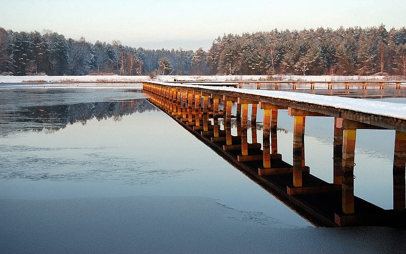 Pier bridge frosts wooden ice-Scenery, HD wallpaper