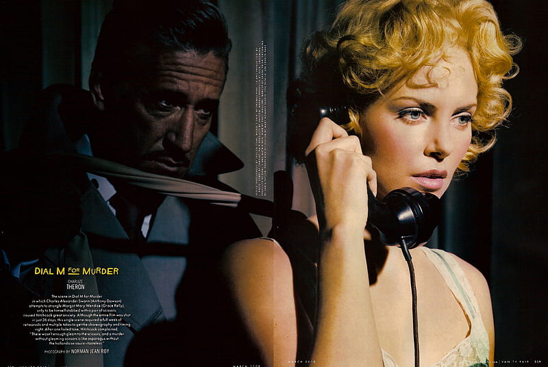 Vanity Fair's Hollywood issue 2008 01, alfred hitchcock, art, vanity fair, hitchcock, editorial, charlize theron, dial m for murder, movies, HD wallpaper