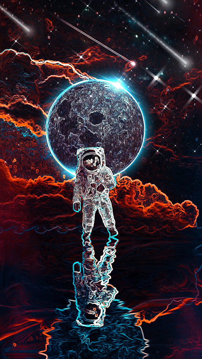 “Space Walk”, ColetteLrsn, astronaut, cool, glo , meteors, neon sci fi, outer space, planets, sci fi, space, stars, “Space, HD phone wallpaper